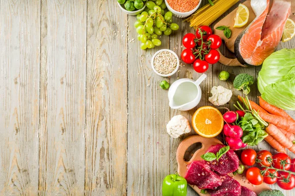 Dieta Flexitária Com Legumes Frescos Carne Crua Peixe Legumes Grãos — Fotografia de Stock