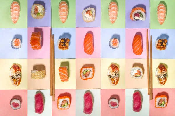 Rollos Sushi Con Arroz Pescado Palillos Varios Fondos Brillantes Colores — Foto de Stock