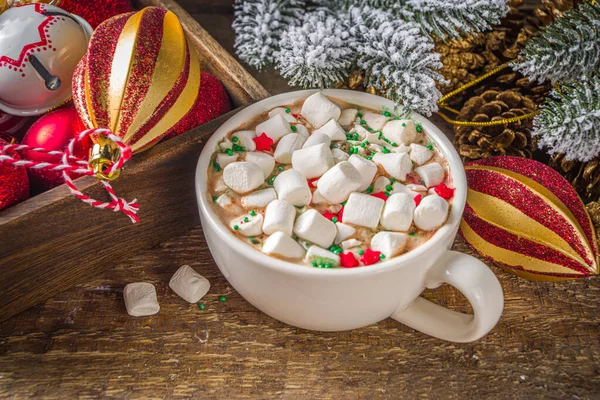 Horká Čokoláda Marshmallows Teplý Čokoládový Nápoj Vánoční Snídani Dřevěném Pozadí — Stock fotografie