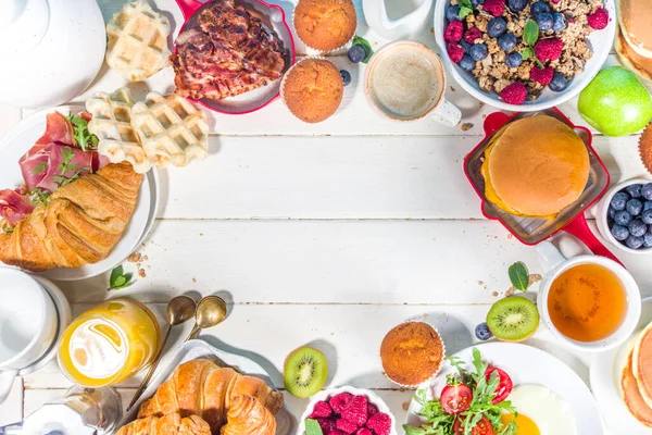 Vari Cibi Tradizionali Colazione Uova Fritte Con Pancetta Muesli Avena — Foto Stock