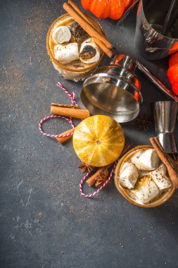 Sıcak balkabağı baharatlı kokteyl, kabak beyazı Rus kokteyli, marşmelov ve balkabağı baharatları, karanlık arka plan fotokopi alanı.