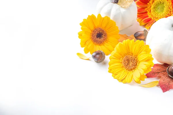 Herbstliches Konzept Flache Lagekomposition Mit Bunten Blüten Rotgelben Blättern Weißen — Stockfoto