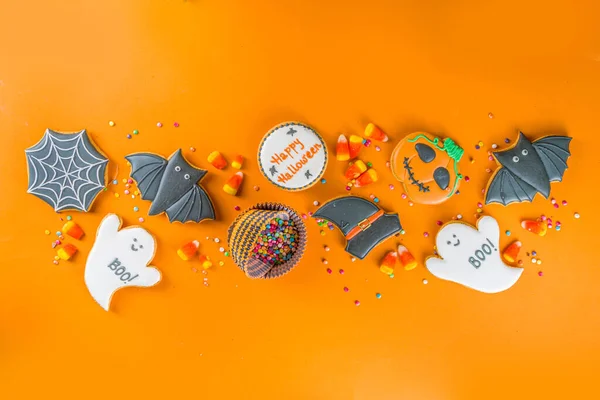 Halloween Trata Fundo Com Biscoitos Gengibre Açucarados Doces Truque Tratar — Fotografia de Stock