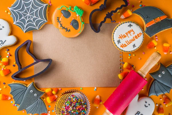 Halloween Trata Fundo Com Biscoitos Gengibre Açucarados Doces Truque Tratar — Fotografia de Stock