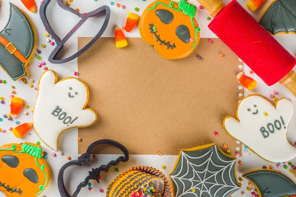 Halloween Leckereien Hintergrund Mit Zuckerhaltigen Lebkuchen Und Bonbons Trick Treat — Stockfoto