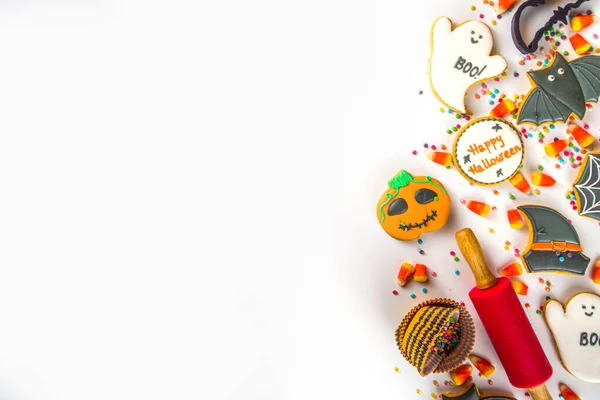 Halloween Leckereien Hintergrund Mit Zuckerhaltigen Lebkuchen Und Bonbons Trick Treat — Stockfoto