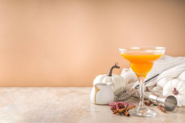 Sonbahar ve kış içkileri. Şükran Günü ve Cadılar Bayramı kokteylleri. Balkabaklı margarita ya da tarçın çubuklu martini, siyah taş masada. Sıcak ev, sonbahar yaprakları, ekose, balkabağı, kopyalama alanı