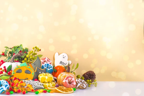 Feliz Dia Das Bruxas Cartão Fundo Doce Travessura Conceito Biscoitos — Fotografia de Stock