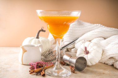 Sonbahar ve kış içkileri. Şükran Günü ve Cadılar Bayramı kokteylleri. Balkabaklı margarita ya da tarçın çubuklu martini, siyah taş masada. Sıcak ev, sonbahar yaprakları, ekose, balkabağı, kopyalama alanı