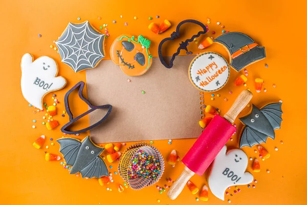 Halloween Trata Fundo Com Biscoitos Gengibre Açucarados Doces Truque Tratar — Fotografia de Stock