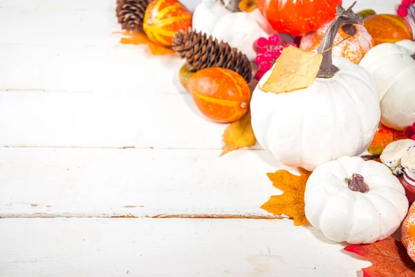 Erntedankfest Halloween Festkarte Mit Kürbissen Dekorativen Beeren Und Herbstblättern Auf — Stockfoto