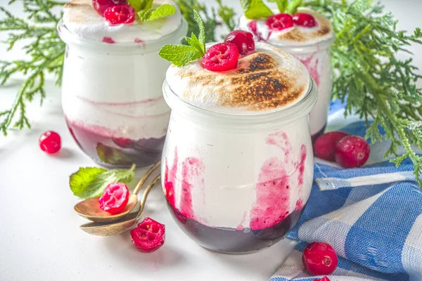 Noel sabahı için küçük kavanozlarda yaban mersini katmanlı tatlı kahvaltısı. Ev yapımı kızılcık kremalı tatlı, taze kızılcık ve naneli, kopyalama alanı.