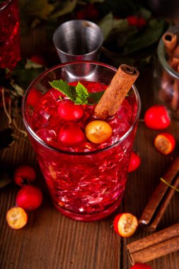 Sweet and sour fall seasonal alcohol hawthorn or rosehip cocktail, autumn berry mojito or margarita, spicy alcoholic drink with hawthorn or rosehip liquor, cinnamon, int crushed ice