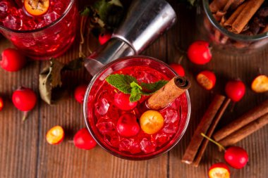 Sweet and sour fall seasonal alcohol hawthorn or rosehip cocktail, autumn berry mojito or margarita, spicy alcoholic drink with hawthorn or rosehip liquor, cinnamon, int crushed ice