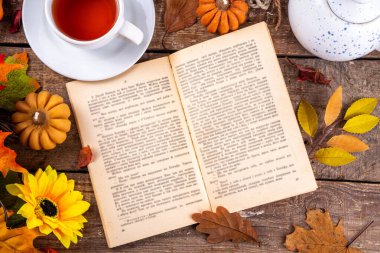 Sonbahar mevsiminde sıcak kahvaltı, bahçede erken sonbahar çayı, balkabağı mumları ve dekorlu taze demlenmiş çay fincanı, sonbahar yaprakları ve açık kitap, okuma zamanı sakin hayat