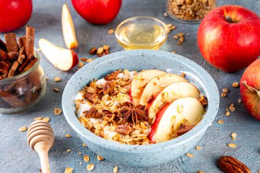 Sağlıklı sonbahar kahvaltısı ya da atıştırmalık, Yunan yoğurdu, granola, elma, bal ve cevizli kase, malzemeli mavi beton arka plan, kopyalama alanı