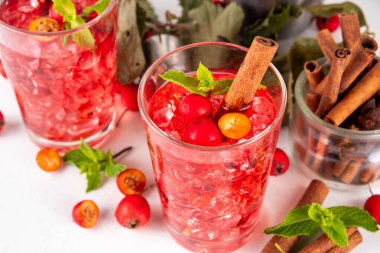 Sweet and sour fall seasonal alcohol hawthorn or rosehip cocktail, autumn berry mojito or margarita, spicy alcoholic drink with hawthorn or rosehip liquor, cinnamon, int crushed ice