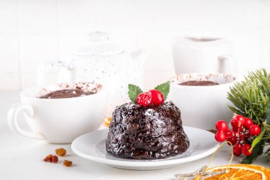 Geleneksel İngiliz Noel pudingli kek. Basit bir Noel pudingi fikri, mikrodalgayla yapılmış çay fincanı, şekerli Noel pudingi ve kızılcık şenliği dekoru.