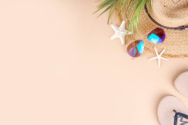 Yaz tatili ve hasır şapkalı, çantalı, terlikli, palmiye yapraklı, güneş gözlüklü, kameralı, deniz kabuklu ve okyanus yıldızlı tatil geçmişi. Plaj ve tropikal yaz tatili arka planı, üst görünüm kopyalama alanı