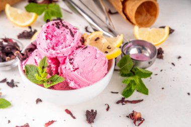 Tatlı Hibiscus Dondurması, limonlu ve naneli tatlı Hibiscus çayı, beyaz seramik kasede lezzetli organik çiçek dondurması, dondurmalı waffle konileri ve malzemeler, kopyalama alanı.