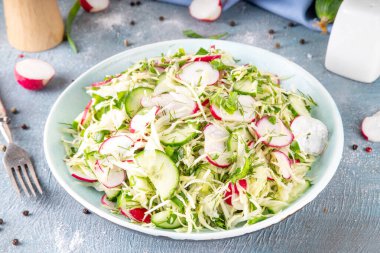 Salatalık ve turplu lahana salatası. Genç bahar sebzelerinin sağlıklı diyet vitamin salatası: lahana, turp, salatalık, taze otlar ve zeytinyağı