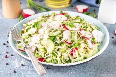 Salatalık ve turplu lahana salatası. Genç bahar sebzelerinin sağlıklı diyet vitamin salatası: lahana, turp, salatalık, taze otlar ve zeytinyağı