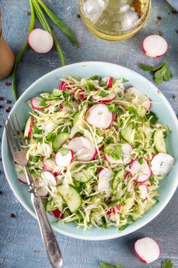 Salatalık ve turplu lahana salatası. Genç bahar sebzelerinin sağlıklı diyet vitamin salatası: lahana, turp, salatalık, taze otlar ve zeytinyağı