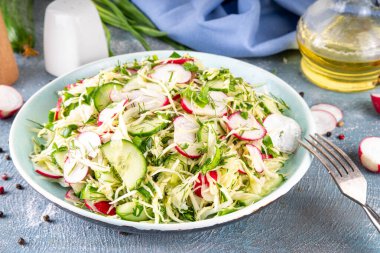 Salatalık ve turplu lahana salatası. Genç bahar sebzelerinin sağlıklı diyet vitamin salatası: lahana, turp, salatalık, taze otlar ve zeytinyağı