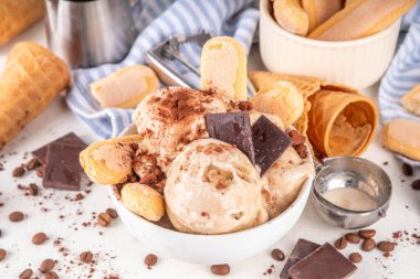Lezzetli tiramisu dondurması, kahve şurubu, savoyardi kurabiyeleri, çikolata, kakao tozu. Bir kase İtalyan tiramisu tatlı dondurması, dondurmalı waffle konileri, kahve çekirdekleri, malzemeler.