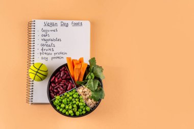 Vegan evcil hayvan yiyeceği, bitki bazlı köpek ve kedi maması bitkisel protein ve karbonhidrat kaynakları - tahıl, bakla, soya fasulyesi, sebze, meyve, yulaf, üst görünüm kopya alanı