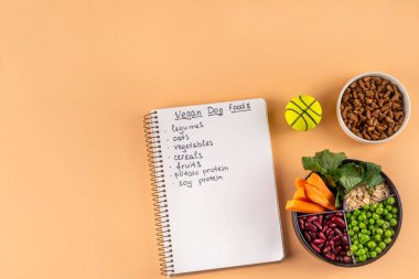 Vegan evcil hayvan yiyeceği, bitki bazlı köpek ve kedi maması bitkisel protein ve karbonhidrat kaynakları - tahıl, bakla, soya fasulyesi, sebze, meyve, yulaf, üst görünüm kopya alanı