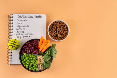 Vegan evcil hayvan yiyeceği, bitki bazlı köpek ve kedi maması bitkisel protein ve karbonhidrat kaynakları - tahıl, bakla, soya fasulyesi, sebze, meyve, yulaf, üst görünüm kopya alanı