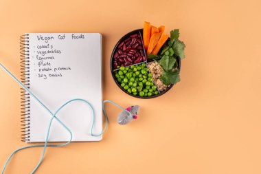 Vegan evcil hayvan yiyeceği, bitki bazlı köpek ve kedi maması bitkisel protein ve karbonhidrat kaynakları - tahıl, bakla, soya fasulyesi, sebze, meyve, yulaf, üst görünüm kopya alanı