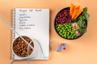 Vegan evcil hayvan yiyeceği, bitki bazlı köpek ve kedi maması bitkisel protein ve karbonhidrat kaynakları - tahıl, bakla, soya fasulyesi, sebze, meyve, yulaf, üst görünüm kopya alanı