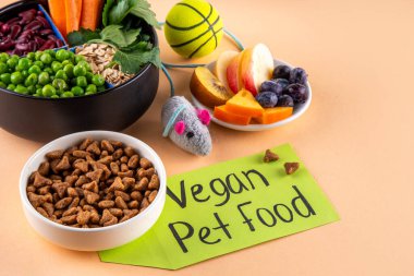 Vegan evcil hayvan yiyeceği, bitki bazlı köpek ve kedi maması bitkisel protein ve karbonhidrat kaynakları - tahıl, bakla, soya fasulyesi, sebze, meyve, yulaf, üst görünüm kopya alanı