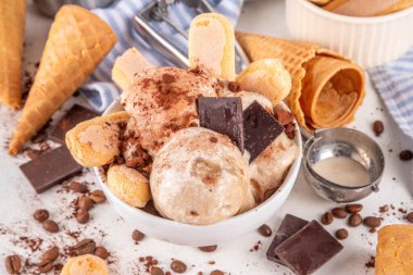 Lezzetli tiramisu dondurması, kahve şurubu, savoyardi kurabiyeleri, çikolata, kakao tozu. Bir kase İtalyan tiramisu tatlı dondurması, dondurmalı waffle konileri, kahve çekirdekleri, malzemeler.