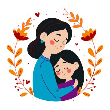 Anne ve Kız Kucaklaşma Aile Aşkı İllüstrasyonu. Sevgi dolu bir annenin kızını kucaklamasının güzel bir temsili. İkisi de huzurlu ve iç açıcı bir anda gözleri kapalı gülümsüyor. Yumuşak çiçeklerle çevrili