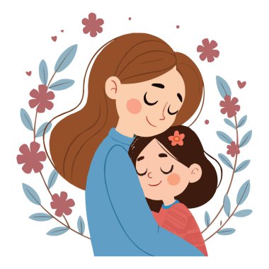 Anne ve Kız Kucaklaşma Aile Aşkı İllüstrasyonu. Sevgi dolu bir annenin kızını kucaklamasının güzel bir temsili. İkisi de huzurlu ve iç açıcı bir anda gözleri kapalı gülümsüyor. Yumuşak çiçeklerle çevrili