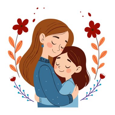Anne ve Kız Kucaklaşma Aile Aşkı İllüstrasyonu. Sevgi dolu bir annenin kızını kucaklamasının güzel bir temsili. İkisi de huzurlu ve iç açıcı bir anda gözleri kapalı gülümsüyor. Yumuşak çiçeklerle çevrili