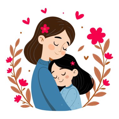 Anne ve Kız Kucaklaşma Aile Aşkı İllüstrasyonu. Sevgi dolu bir annenin kızını kucaklamasının güzel bir temsili. İkisi de huzurlu ve iç açıcı bir anda gözleri kapalı gülümsüyor. Yumuşak çiçeklerle çevrili