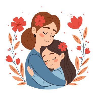 Anne ve Kız Kucaklaşma Aile Aşkı İllüstrasyonu. Sevgi dolu bir annenin, kızını kucaklamasının güzel bir temsili. İkisi de huzurlu ve iç açıcı bir anda gözleri kapalı gülümsüyor.