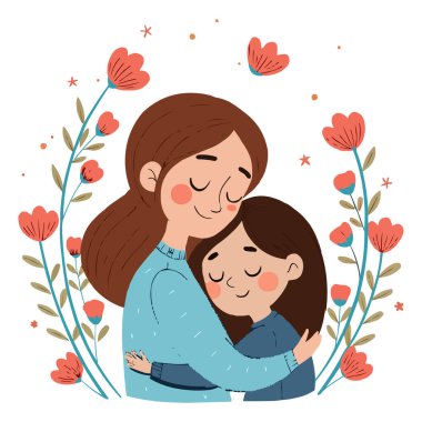 Anne ve Kız Kucaklaşma Aile Aşkı İllüstrasyonu. Sevgi dolu bir annenin, kızını kucaklamasının güzel bir temsili. İkisi de huzurlu ve iç açıcı bir anda gözleri kapalı gülümsüyor.