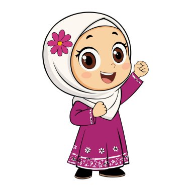 Başörtüsü İslami Çocuk Karakter Vektörü 'ndeki şirin Müslüman kız. Beyaz başörtüsü ve çiçek desenli mor bir elbise giyen mutlu Müslüman bir kızın çekici bir temsili. Bu sevimli çizgi film karakteri büyük anlamlı gözlere sahip.
