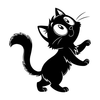 Şirin Çizgi Film Kara Kedi Vektör İllüstrasyonu. Sevimli çizgi film tarzı siyah kedi yavrusu. Kocaman gözleri, neşeli bir ifadesi ve tüylü kürkü var.