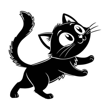 Şirin Çizgi Film Kara Kedi Vektör İllüstrasyonu. Sevimli çizgi film tarzı siyah kedi yavrusu. Kocaman gözleri, neşeli bir ifadesi ve tüylü kürkü var.