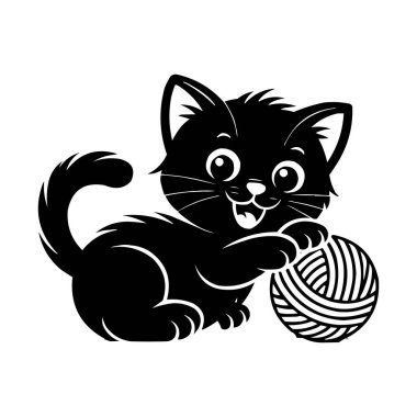 İplik Topu Siluet Vektör İllüstrasyonlu Oyuncu Kedicik