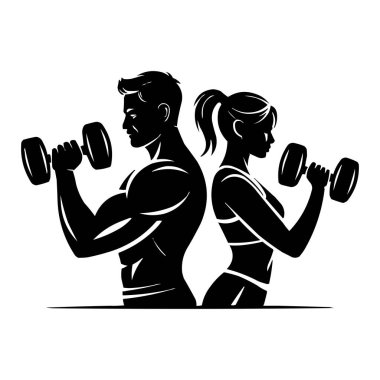 Dambıllı Erkek ve Kadın Eğitiminin Spor Logosu Spor Salonu Silüeti Vücut Geliştirme ve Spor Simgesi Vektörü