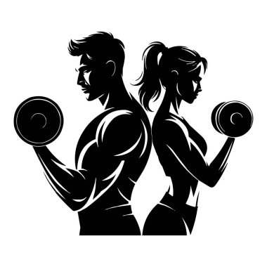 Dambıllı Erkek ve Kadın Eğitiminin Spor Logosu Spor Salonu Silüeti Vücut Geliştirme ve Spor Simgesi Vektörü