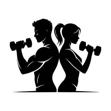 Dambıllı Erkek ve Kadın Eğitiminin Spor Logosu Spor Salonu Silüeti Vücut Geliştirme ve Spor Simgesi Vektörü