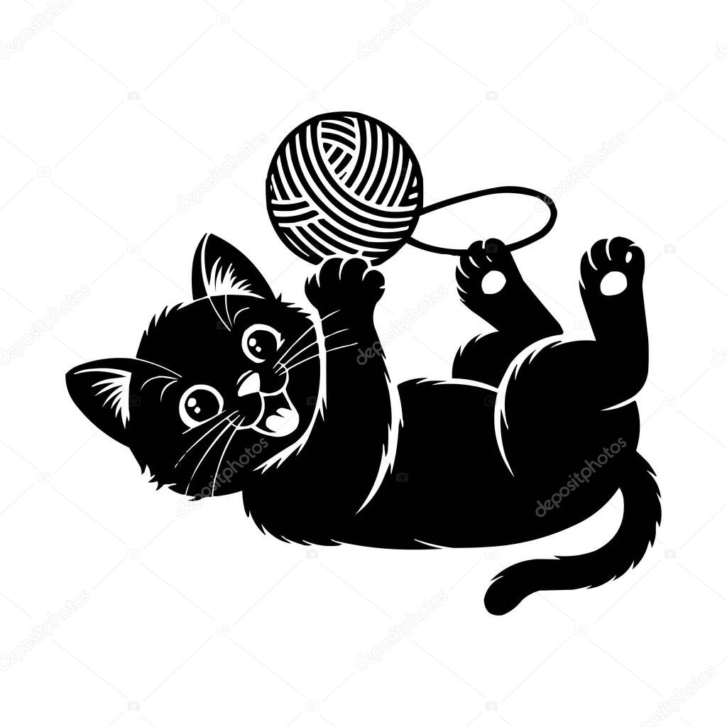 Playful Kitten with Yarn Ball Silhouette Vector Illustration